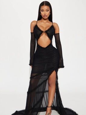 Black Cutout Mesh Maxi Dress with Sheer Sleeves